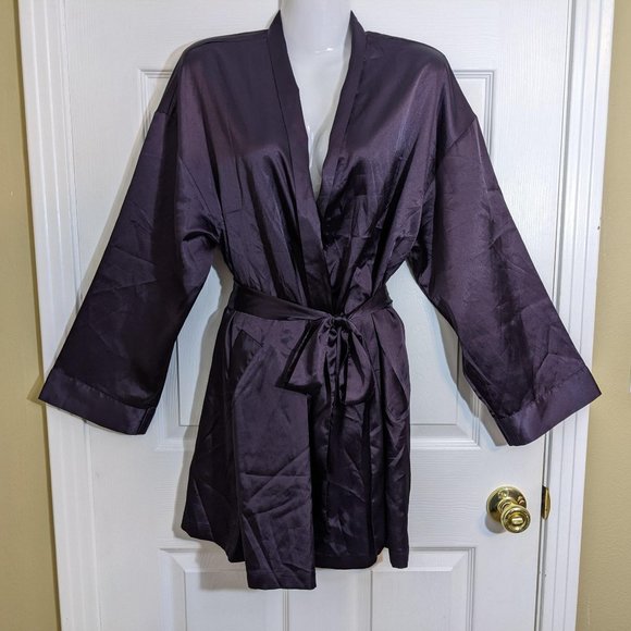 Victoria's Secret 1990's Vintage Eggplant Purple Satin Belted Robe - One Size